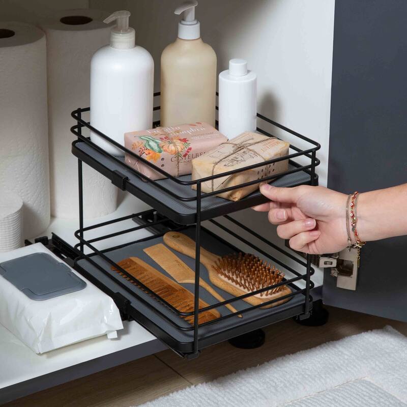 Organize It All 2 Tier Slide Out Shelf Organizer in Matte Black