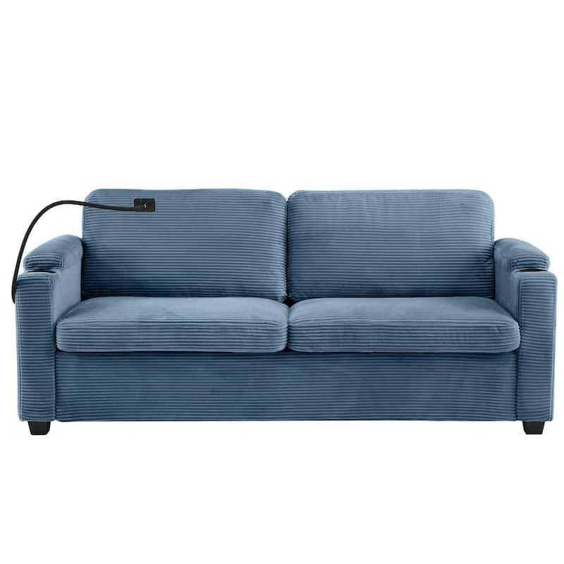 72.8" Corduroy Sleeper Sofa with Full Size Mattress and USB Ports, Loveseat Sofa with Cup Holders and Side Pockets