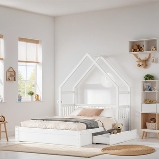 House Queen Size Platform Bed with Half-guard and 2 Drawers