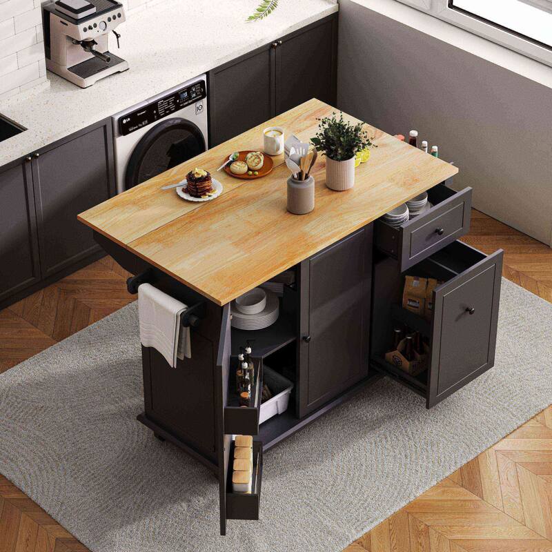 Mobile Kitchen Island with Drop Leaf, 53.9" Width, 3-Tier Pull-Out Cabinet Organizer, Spice & Towel Rack (Black)