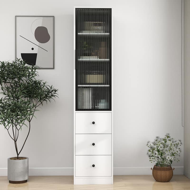 Storage Cabinet with Glass Doors & 3 Drawers, Display Cabinet with Storage Shelves, Multi-Functional Accent Cabinet - White