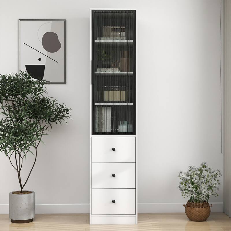 White Storage Cabinet, Modern Freestanding Narrow Bookcase with Glass Doors, Storage Drawers Wood File Cabinets for Home Office