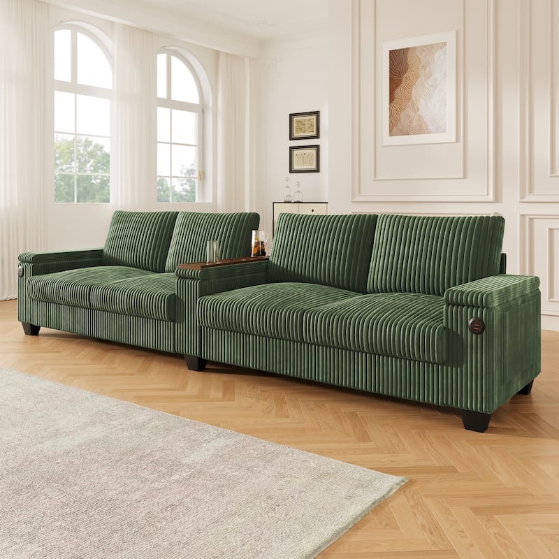 4-Seater Modern Corduroy Sofa Couch with USB Ports, Hidden Storage, and Flip-Top Cup Holders