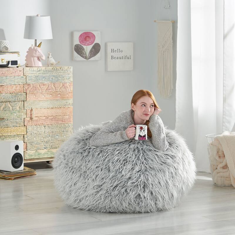 Mosier Modern Glam Faux Fur Bean Bag by Christopher Knight Home - Silver Gray