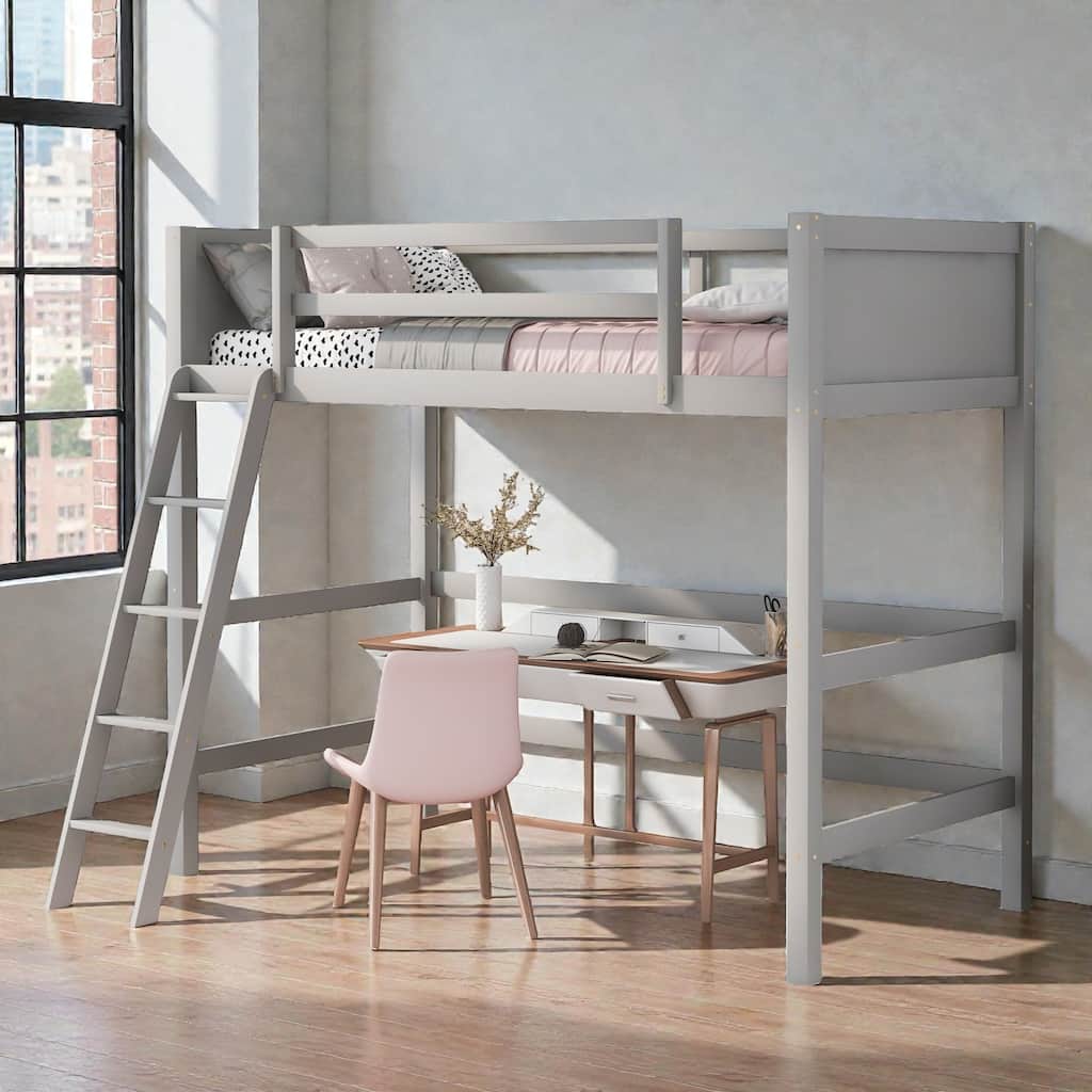 Twin Solid Wood Loft Bed with Ladder and Guardrails, Space Saving Platform Loft Bed Frame with Slats