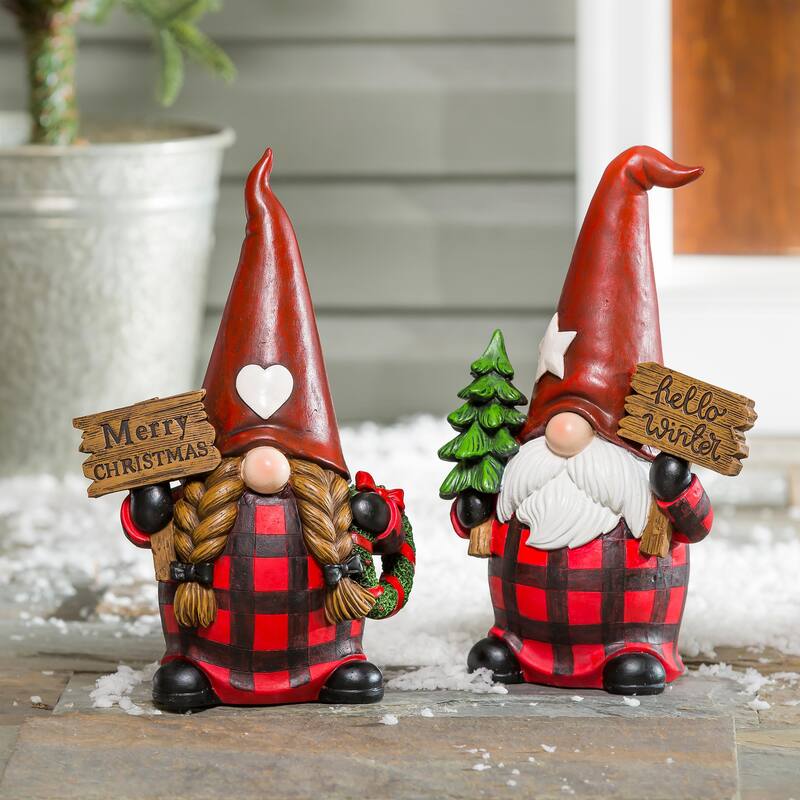 12"H Male and Female Winter Gnome Garden Statuary, Set of 2