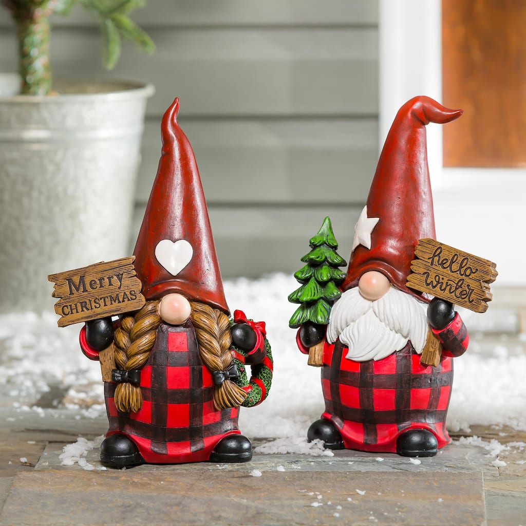 12"H Male and Female Winter Gnome Garden Statuary, Set of 2