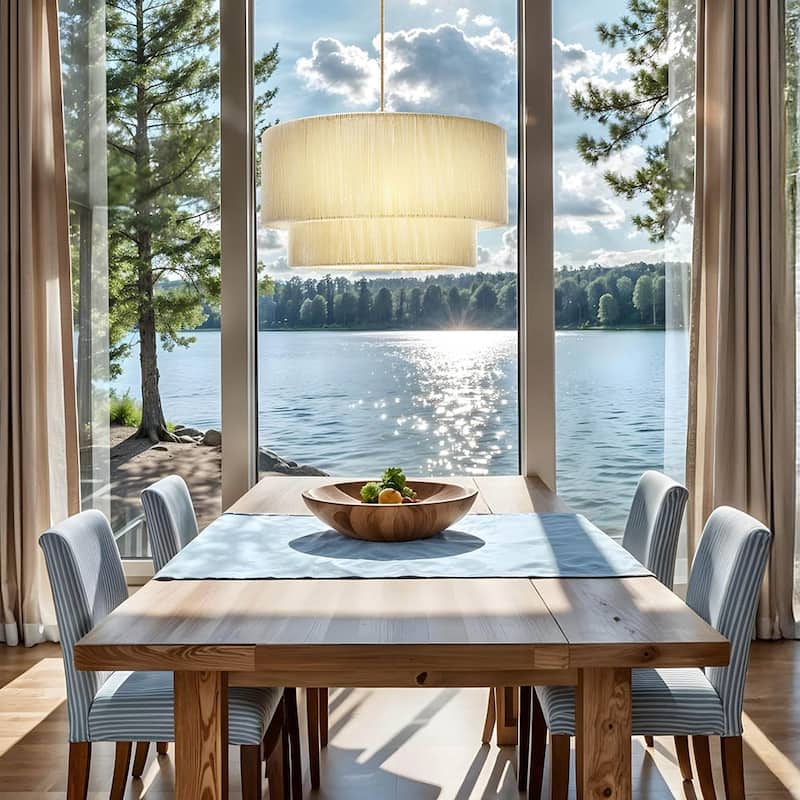 Elaine Rattan Pendant Light - Ivory White Large Drum 1-Light Handwoven Light Fixture For Modern, Boho, Farmhouse Room Decor