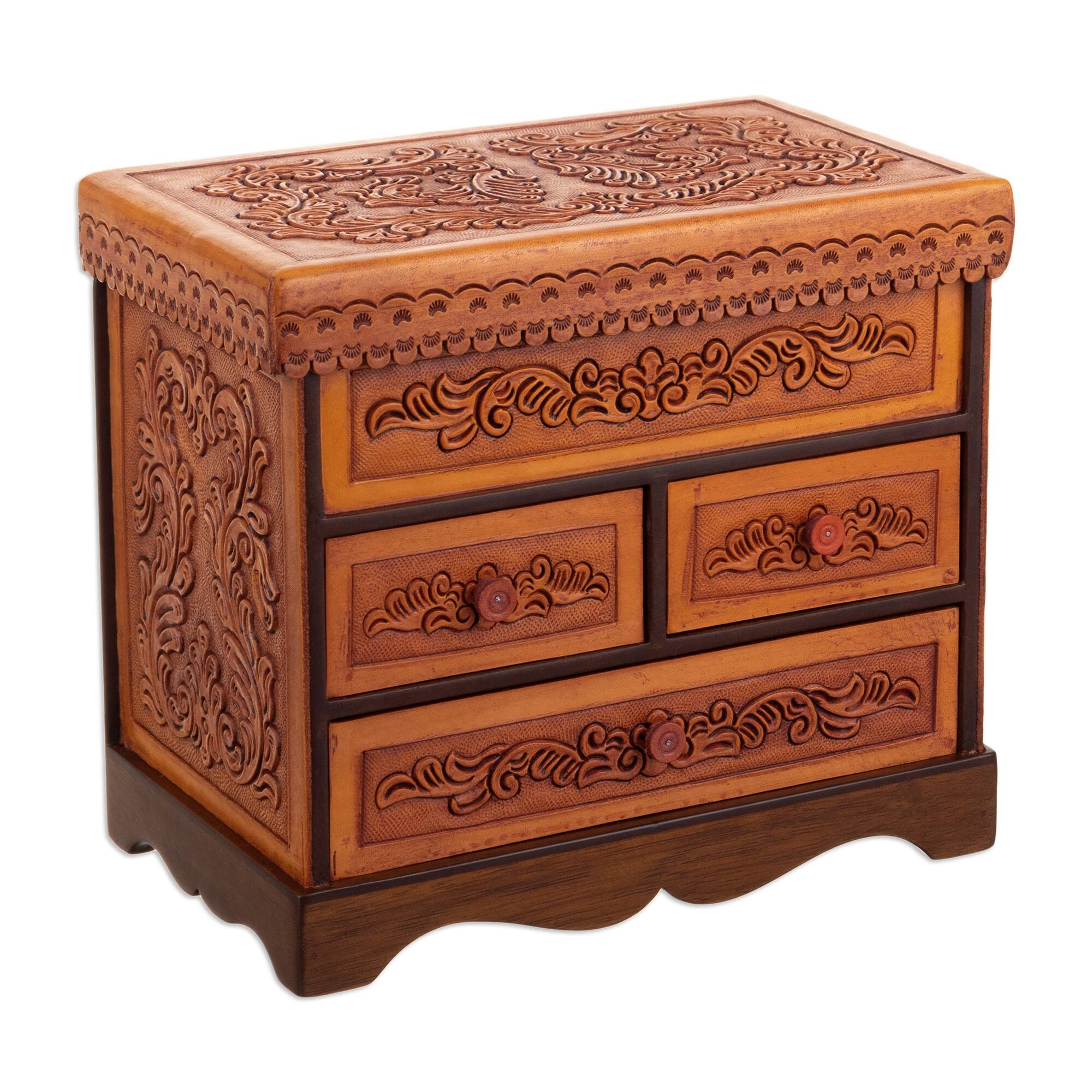 Novica Handmade Baroque Mysteries Wood And Leather Jewelry Box Bed