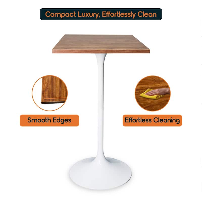 Verve 43 in. Tall Bar Height Dining Table Square MDF Wood Tabletop in White Stainless Steel Pedestal Base Accent Bar Table