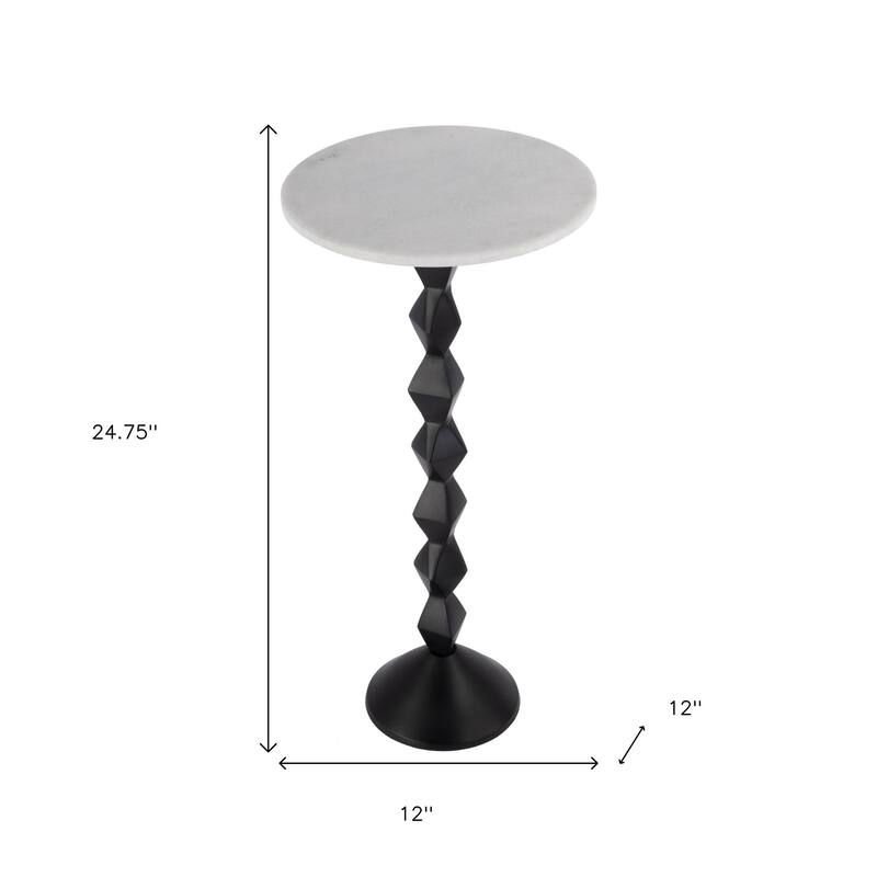 HomeRoots 25" White and Black Marble and Aluminum Round Pedestal End Table - 12.00 in. x 24.75 in. x 12.00 in.