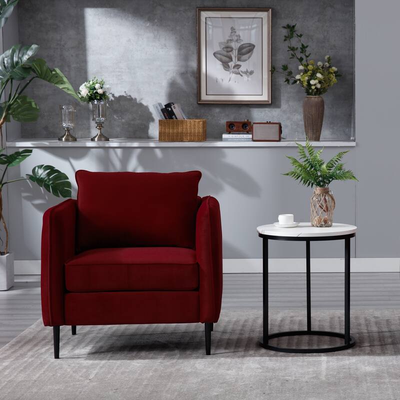 Velvet Mid-Century Accent Chair with Metal Legs & Pillow