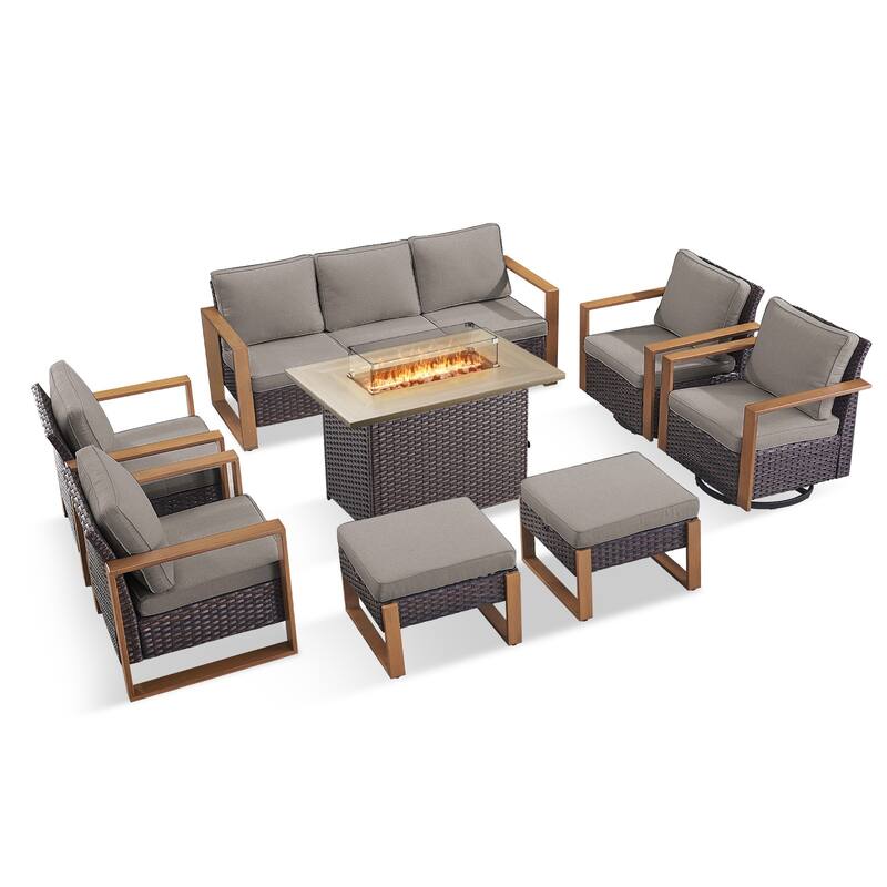 Pocassy 8 Pieces Outdoor Sofa Chair Ottoman with Fire Pit Table Set