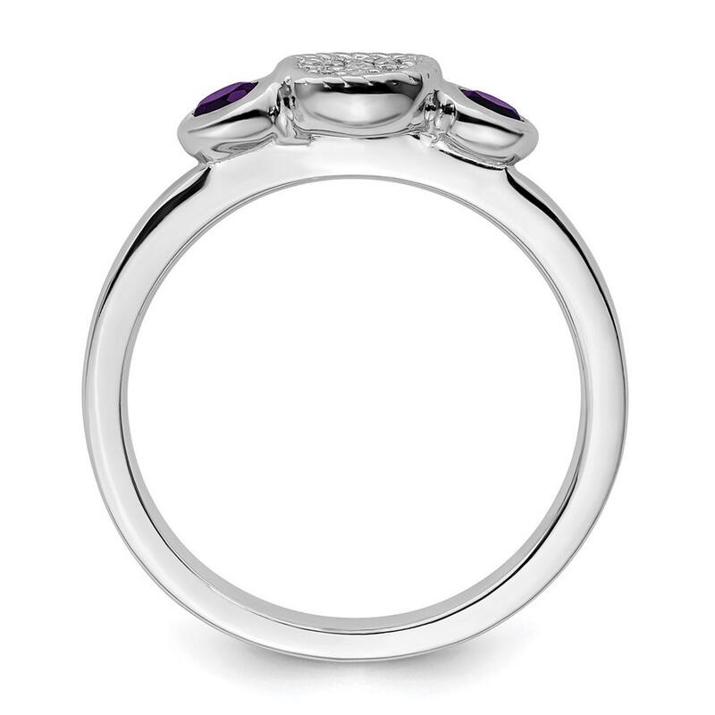 Curata 925 Sterling Silver Bezel Polished Prong set Stackable Expressions Db Round Amethyst and Dia. Ring