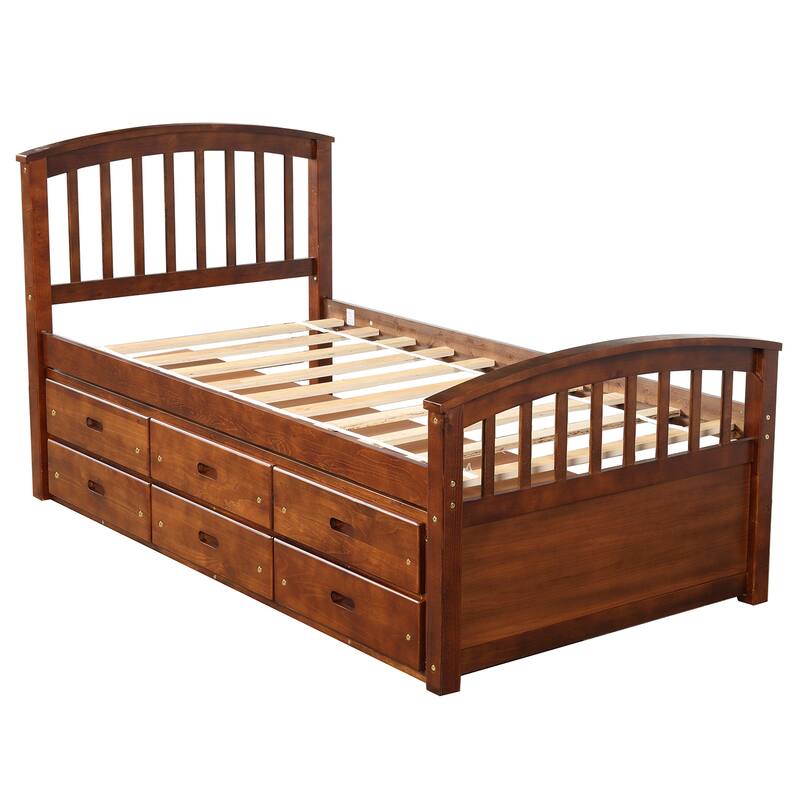 Twin Size Solid Wood Platform Storage Bed with 6 Drawers