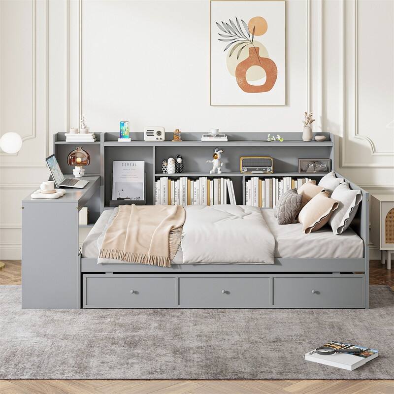 Twin/Full Daybed with 3 Storage Drawers and Bedside Desk, Wooden Day Bedframe Sofa Bed with Storage Shelves and USB Ports