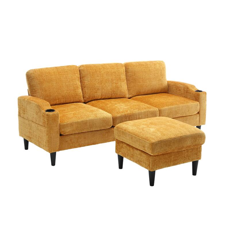 Modular Sectional Sofa with Storage Ottoman, Comfy Chenille Fabric Sofa, 3-Seater Sofa with Side Pockets & 2 Cup Holders
