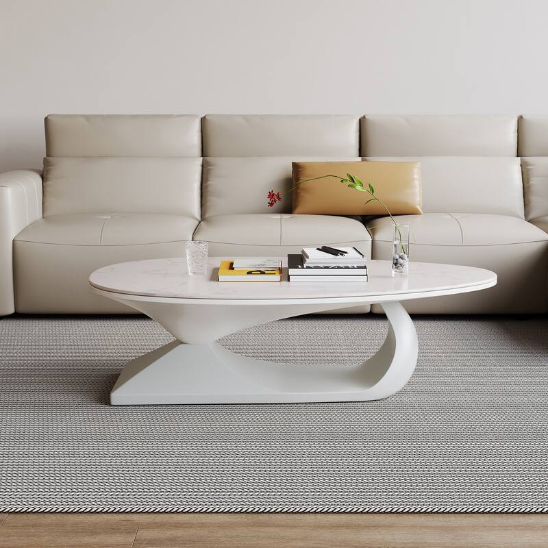 Modern Cream Style Oval Coffee Table Light Luxury Sintered Stone Top Coffee Table Wood/Faux Marble in Brown