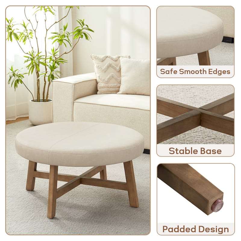 Round Upholstered Coffee Table with Solid Wood Base, Modern Fabric Ottoman Table for Living Room