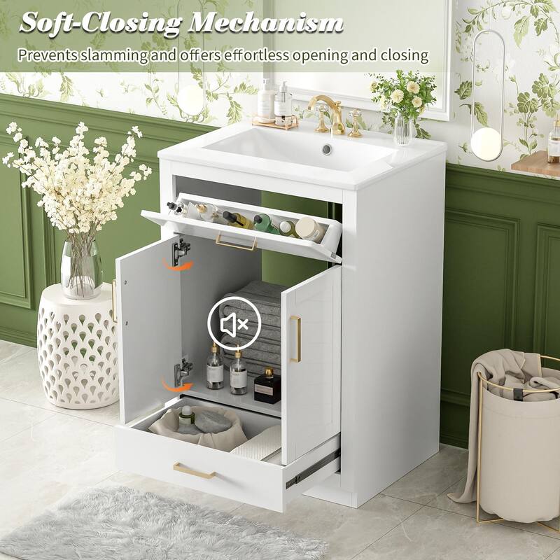 24" Bathroom Vanity with Integrated Ceramic Sink, Cabinet with 2 Doors, 1 Tip-out Drawer