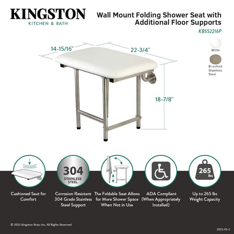 Adascape 22" x 16" Bariatric Wall Mount Folded Shower Seat with Additional Floor Supports