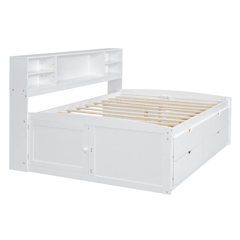 Full Size Wood Daybed with 2 Bedside Cabinets, Upper Shelves and 4 Drawers, White