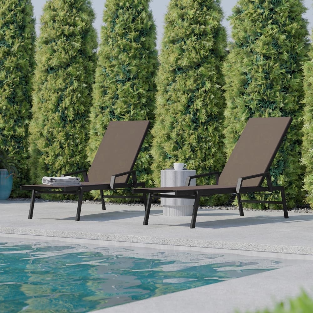 Set of 2 All-Weather Textilene Adjustable Chaise Lounge Chairs with Arms