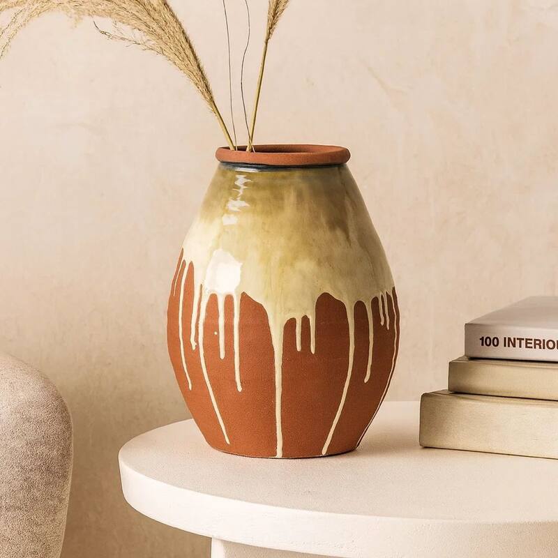 Accent Vase, Ceramic Drip Design Creamy Beige, Brown Ceramic, 12 Inch
