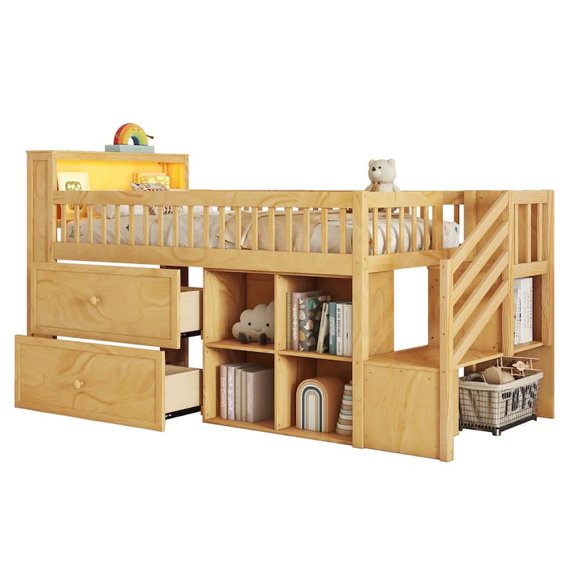 GDF Studio - Brookfield Twin Loft Bed with LED Light, Bookshelf, Staircase, and Storage Drawers