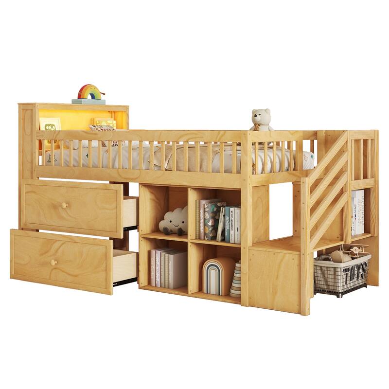 Twin Size Low Loft Bed with LED, Stairs, Storage Drawers, and Shelves, Natural