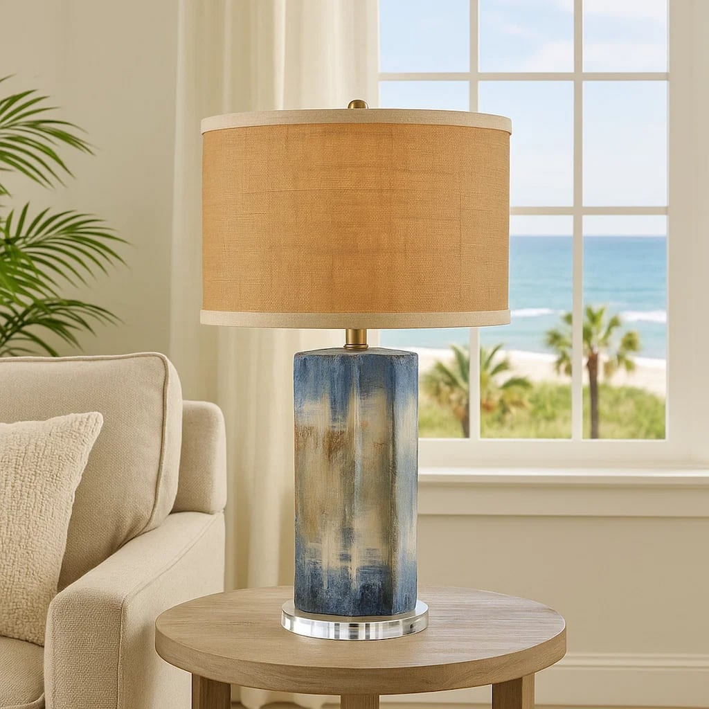 Absy Accent Table Lamp, Brown Oval Raffia Shade, Abstract Blue 23 Inch