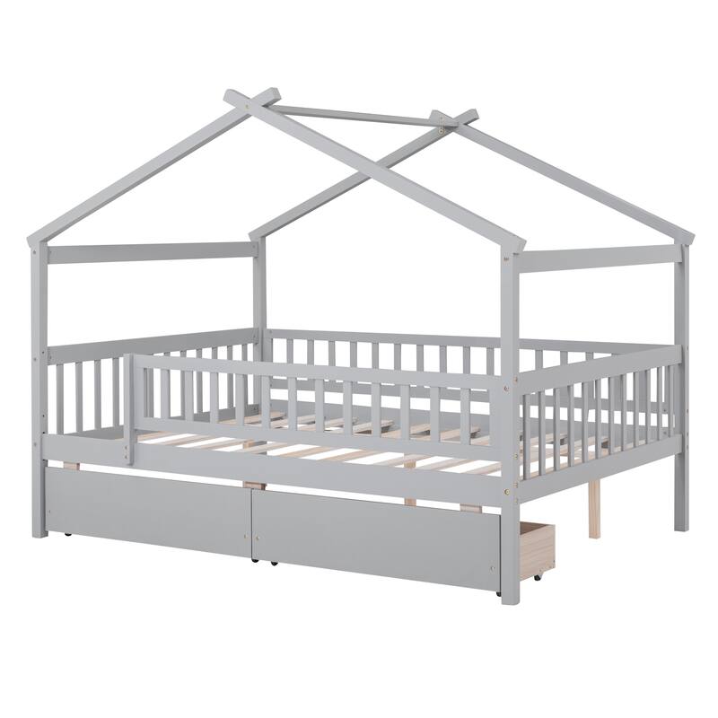 Wooden Full Size House Bed with Storage Drawers and Roof Design
