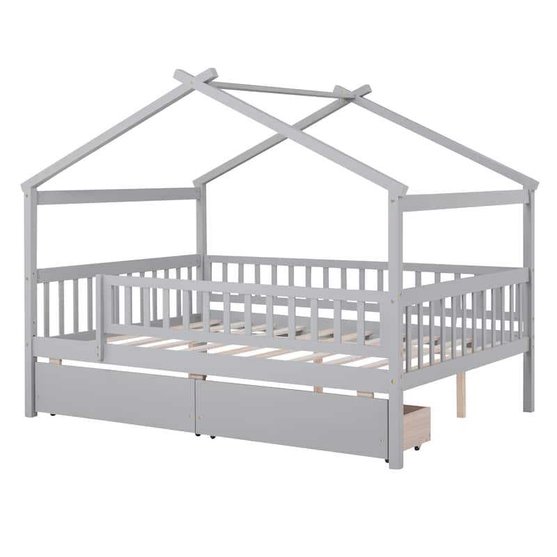 Wooden House Bed with 2 Drawers