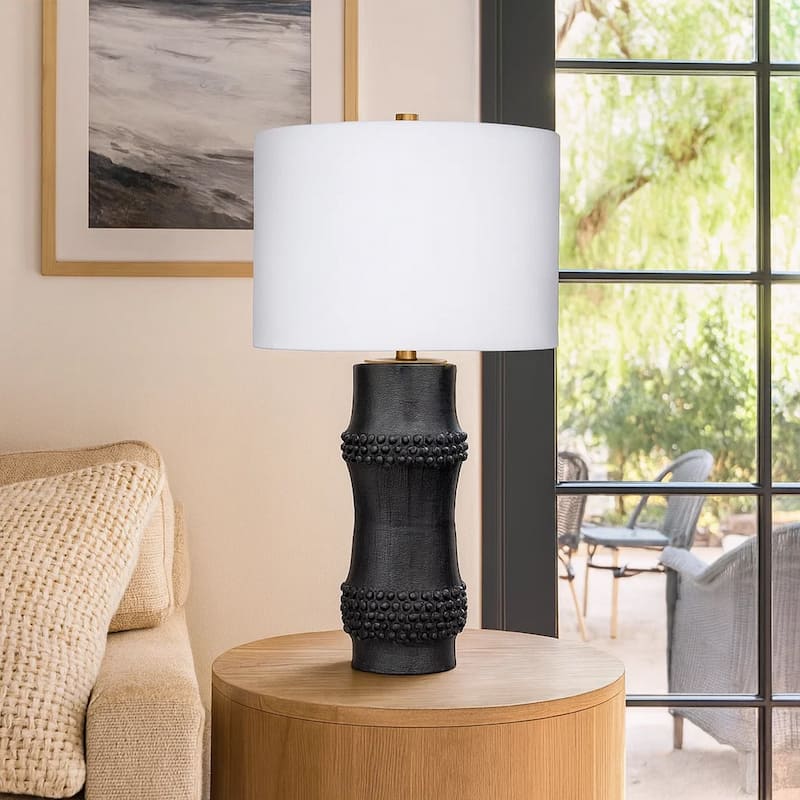 Lemy 28 Inch Table Lamp, White Linen Drum Shade, Dotted Black Base