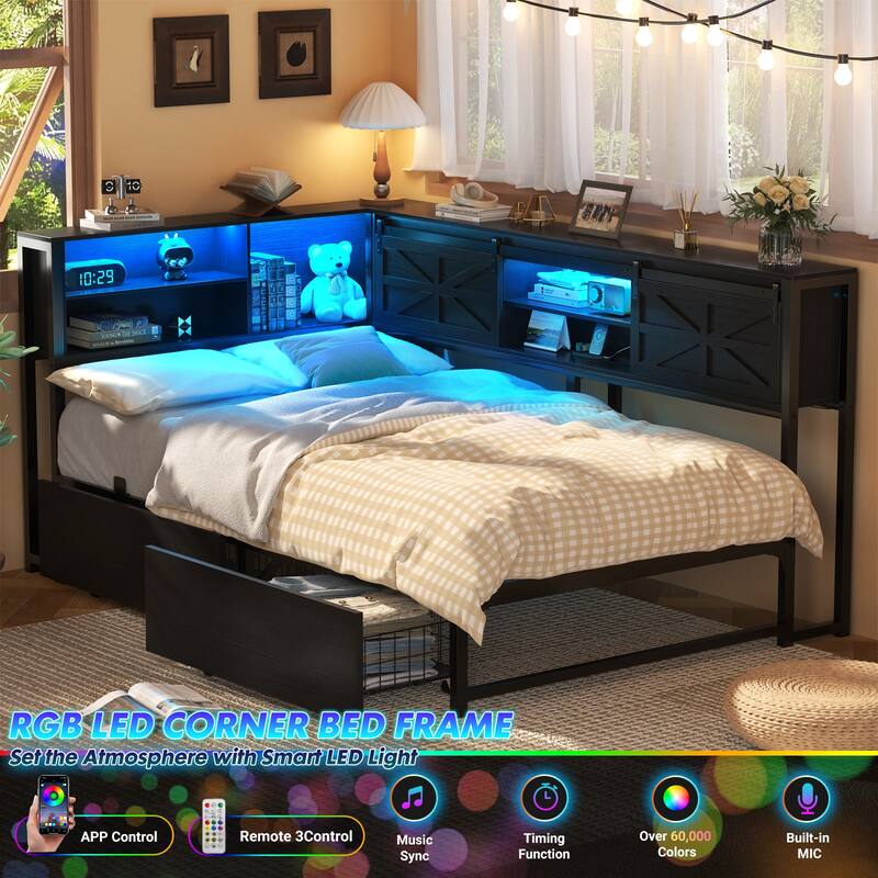 Corner Daybed with Drawers and Bookcase, Twin Bed Frame with LED Light and Charging Station