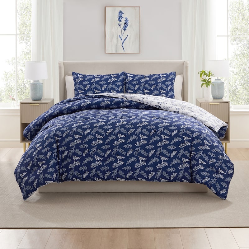 Empyrean 3PC Reversible Botanical Printed Comforter Bedding Set - Majestic Blue - King
