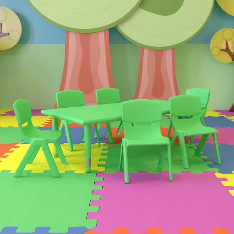 24"W x 48"L Rectangle Plastic Adjustable Activity Table Set - 4 or 6 Chairs - 6 Chairs - Green