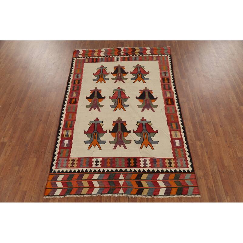 Vegetable Dye Kilim Qashqai Persian Antique Rug Flatweave Wool Carpet - 5'0"x 7'9"