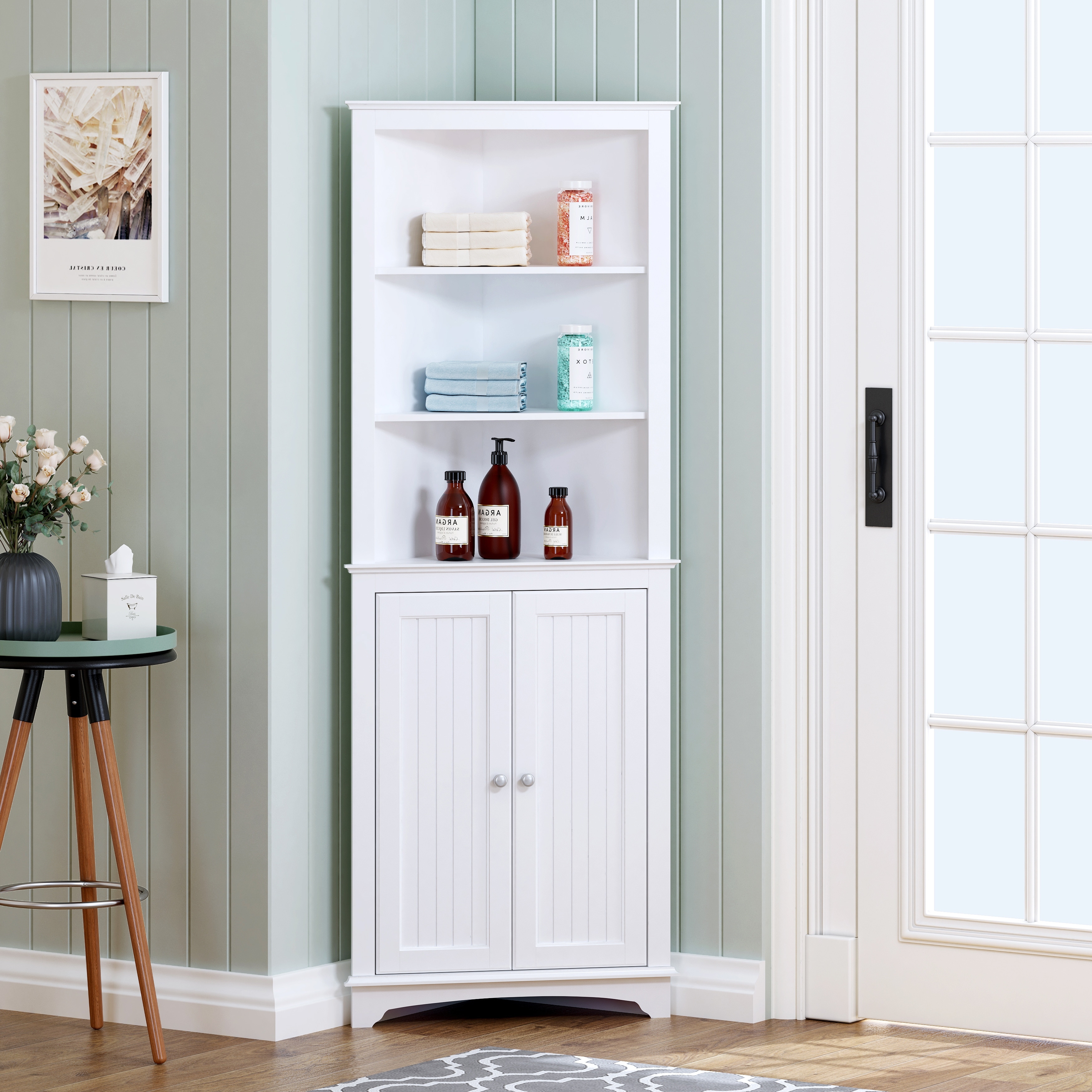 Spirich Home Bathroom Tall Corner Storage Cabinet, Floor Slim Display with Glass Doors and Adjustable Shelves White - Painted