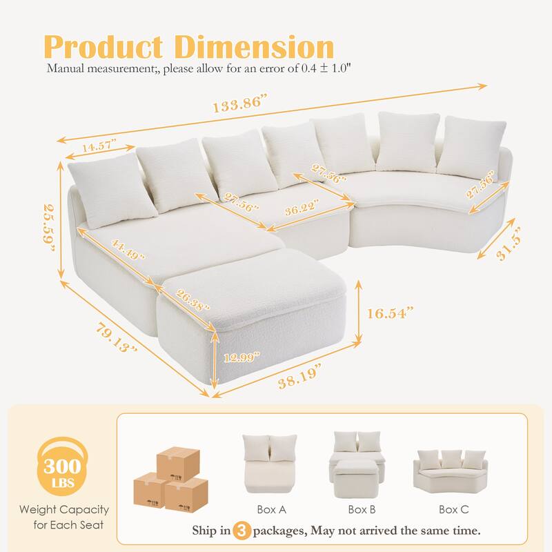 U-Shaped Modular Sectional Sofa with Ottoman, Woodgrain Chenille Deep Seat Boneless Couch, Compression Sofa with Pillows - Milk White