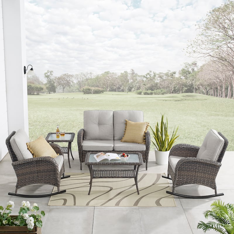 Gymojoy Outdoor Loveseat Sofa Coffee Table Rocking Chair SIde Table Set - Brown - Biege
