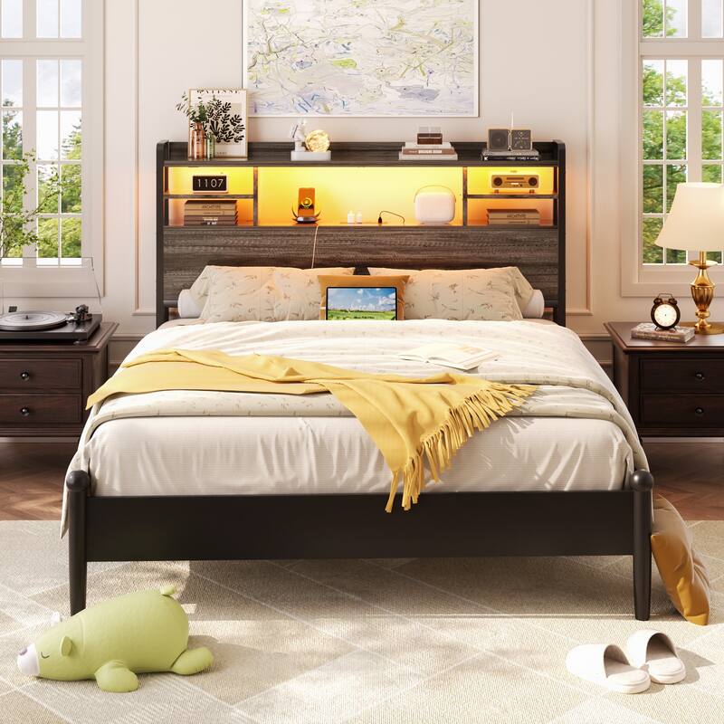 Storage Headboard with USB Port and Power Outlet, Head Board with LED Light for Bed Frame