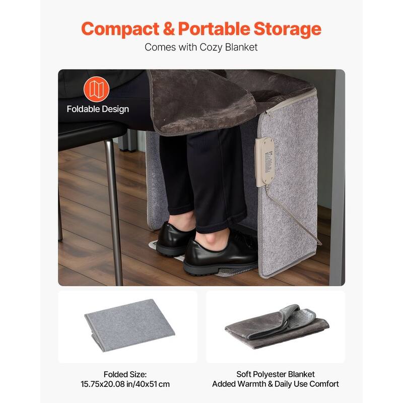 Grey Folding Under-Desk Heater with Foot Pad 5-Temp and 9-Hour Timer - 39.37 x 20.08 x 0.29 in