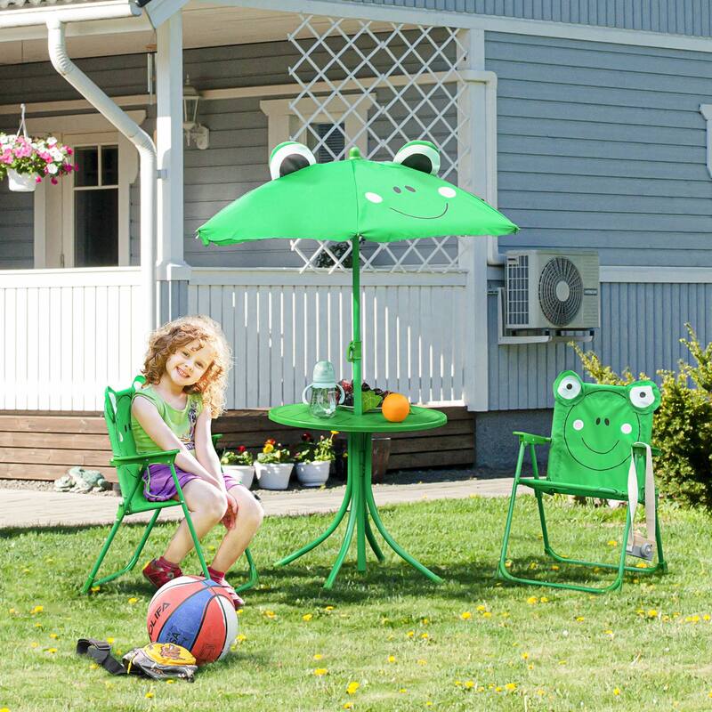 Outsunny Kids Folding Picnic Table and Chair Set Frog Pattern - 19.75" L x 19.75" W x 18" H - 19.75" L x 19.75" W x 18" H - Green