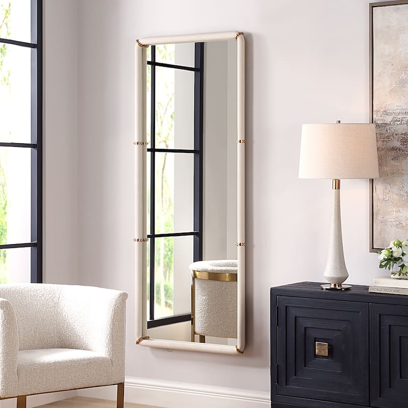 Faux Shagreen Leather Framed Rectangular Wall Mirror - 72" - Brass Finish
