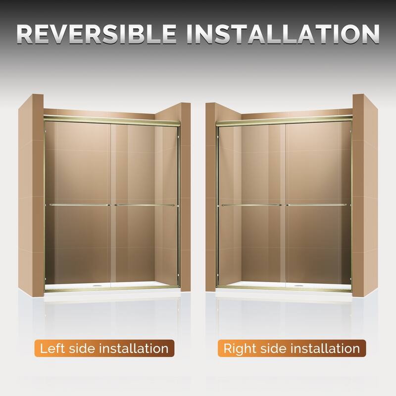 Elegant Double Sliding Shower Door Brushed Gold Finish Framed with 1/4 inch Clear Tempered Glass