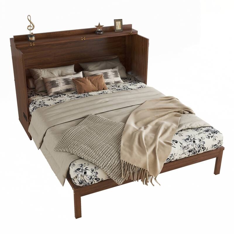 Pine Wood Cabinet Bed with Power Station and Rattan Decoration Panel