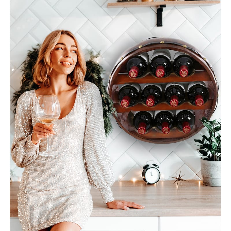 CoTa Global Barrell Wine Rack - Natural Wood Industrial Wall Mounted - 16″Lx16″Wx8″H