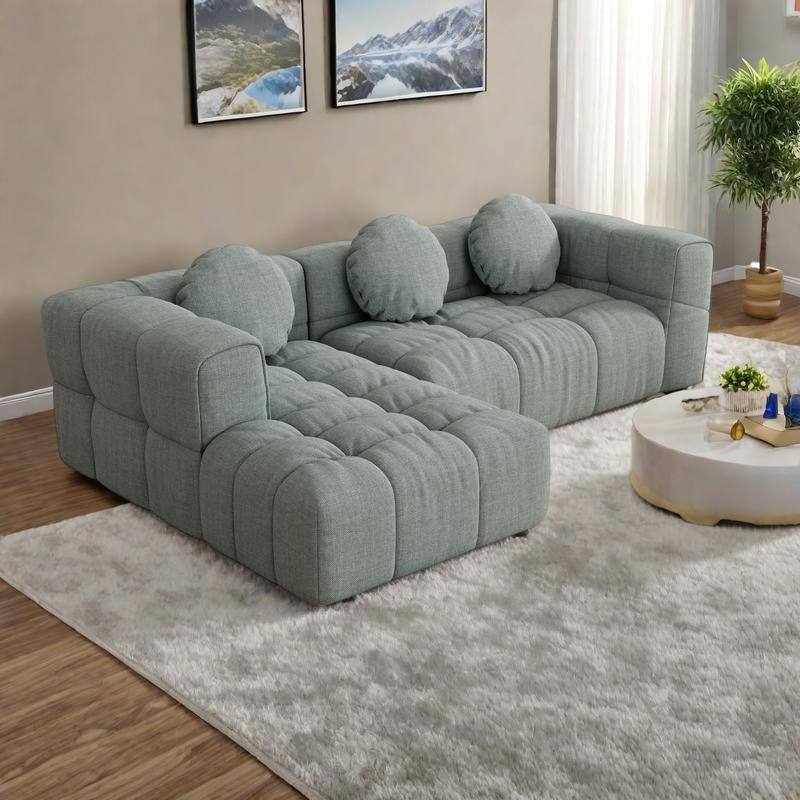 103" Chenille L-Shaped Sectional Sofa with Left Recliner, 3 Pillows and Modular Design - Blue Gray