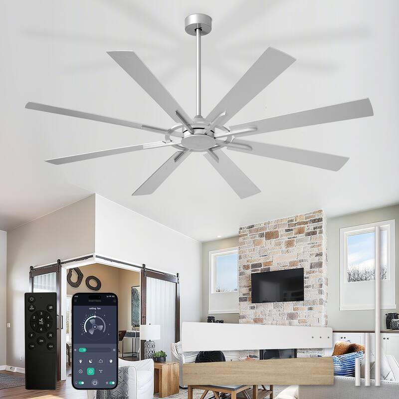 72" large Ceiling Fan for Farmhouse: without Light 8 Blades 5-Speed Timer - with Remote for Big Indoor Outdoor Covered Patio - 66in - Silver